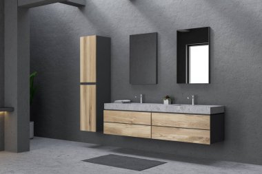Modern banyo Gri duvarlar, beton zemin ve mermer çift lavabo üzerinde ahşap mutfak tezgahı ayakta köşesinde. İki dikey aynalar ve dar dolap. 3D render