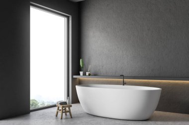 Modern banyo beyaz küvet duran bir raf yanındaki gri duvarlar, beton zemin ile bir köşesinde duvara. 3D render