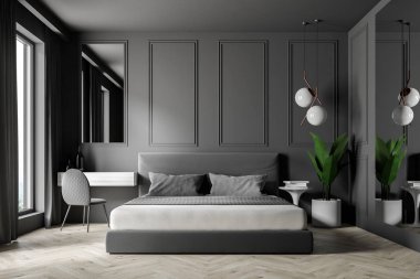 Gri duvarlar, ahşap zemin, gri ana yatak ve masa köşede makyaj modern yatak odası iç. 3D render