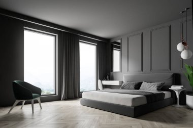Gri duvarlar, ahşap zemin, gri ana yatak ve masa köşede makyaj modern yatak odası iç. Siyah Koltuk pencerenin yanında. 3D render