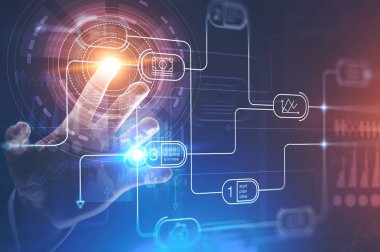 Adam el infographics ve hud ile iş planı arabirimini kullanarak. Kavramı Merhaba teknik iş planlama. Çift tonlu görüntü pozlaması