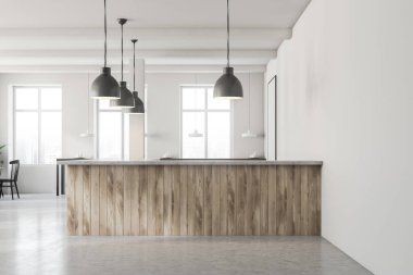 Cafe ahşap bar, beyaz duvarlar ve gri zemin ile önden görünümü. Arka koltuklarda tablolarla. 3D render