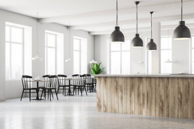 Beyaz duvarları, gri döşeme, ahşap bar ve siyah sandalye ile ahşap masa kafe köşesinde. 3D render