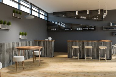 Gri duvarlar, modern bar iç yuvarlak ahşap masa, küçük beyaz sandalye ve gri dışkı ile ahşap bar. Şişe raflarda. 3D render