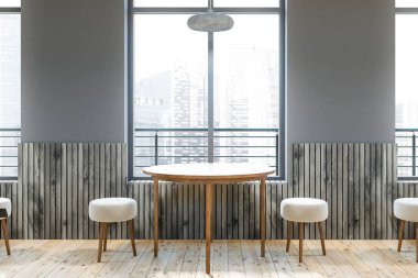 İç ışık gri ve ahşap duvarlar, ahşap zemin, büyük pencereler ile cityscape ve küçük beyaz sandalye ile ahşap masa yuvarlak ile modern Cafe. 3D render.