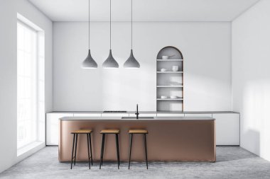 İç beyaz duvarlar, beton zemin, modern mutfak dolap, beyaz mutfak tezgahı ile yapılı içinde Ocak ve ahşap bar tabureleri ile kemerli. 3D render