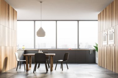 Panoramik mutfak iç kiremitli kat, gri mutfak tezgahı ile gri ile kare masa sandalye ve fırınlar içinde inşa. 3D render