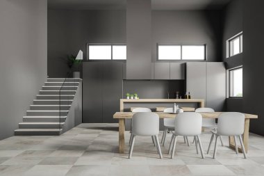 İç modern mutfak ve yemek odası ile gri duvarlar, kiremitli kat, gri dolapları, ahşap ve gri bar, beyaz koltukları ve merdiven ahşap masa. 3D render