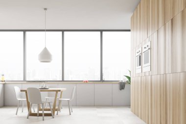 Önden Görünümü panoramik mutfak köşe beyaz ile döşeli kat, beyaz mutfak tezgahı, beyaz koltukları ile yuvarlak masa ve fırınlar içinde inşa. 3D render