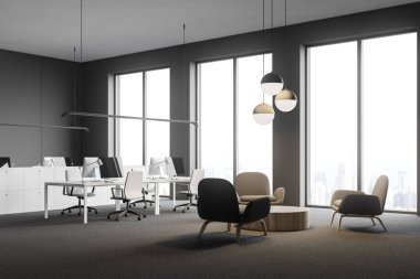 Açık alan office Gri duvarlar, çatı windows, halı kaplı zemin, Bilgisayar masaları ve beyaz kasa ile köşesinde. Dinlenme salonu ile yuvarlak masa ve bej koltuk. 3D render
