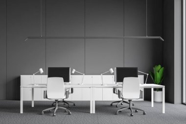 Açık alan office Gri duvarlar, zemin halı, beyaz koltukları ve beyaz kasa beyaz bilgisayar tabloları satırları ile iç. 3D render