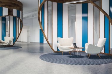 Office salon, beton zemin, beyaz ve mavi duvarlar, yuvarlak sehpa bu laptop ile yakın duran rahat beyaz koltuklar yan görünüm. 3D render