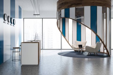 Bu modern şirket ofis beyaz ve mavi duvarlı ve dünya saatleri saatlerle ayakta üzerinde iki bilgisayar ile beyaz ve ahşap resepsiyon masası yan görünüm. Salon alanında 3d render