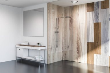 Modern banyo köşe duvarlı, gri ve ahşap büyük kare ayna ile lavabo ve duş kabini. 3D render
