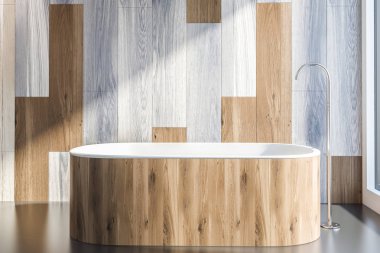 Gri ve ahşap duvarlar ve gri zemin ile modern banyo iç ahşap küvet ayakta açık bakış. 3D render