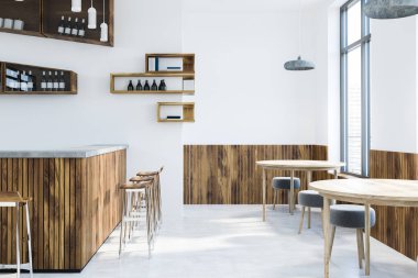 Beyaz ve ahşap duvarlar, modern bar iç yuvarlak ahşap masa, küçük gri sandalyeler ve tabureler olan ahşap çubuk. Şişe raflarda. Yan görünümü. 3D render