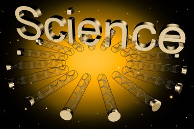 Test tüpleri ile dna sarmal sarı kelime bilim onları yazılı sarı yatay yüzeyinde yatan çemberi. Biyoteknoloji kavramı. 3D render