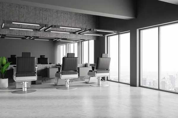 Corner of barber shop interior with gray and concrete walls, concrete floor, loft windows and three barber chairs standing near the mirror. 3d rendering