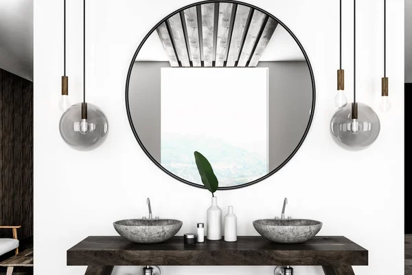 现代化的浴室内饰与白色的墙壁和石头双水槽站在木架子上 上面有大圆形的镜子 — 图库照片