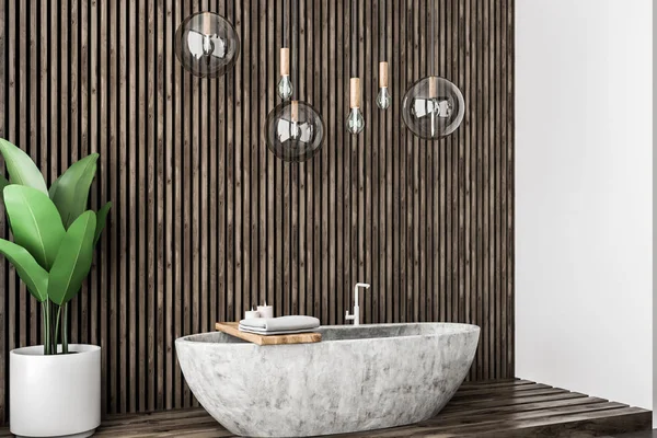 Modern Fürdőszoba Interior Sötét Fából Készült Fehér Falak Csempe Padló — Stock Fotó