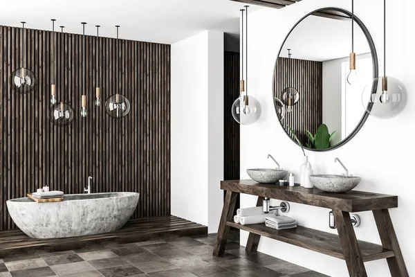 Interno Bagno Moderno Con Pareti Legno Scuro Bianco Vasca Pietra — Foto Stock