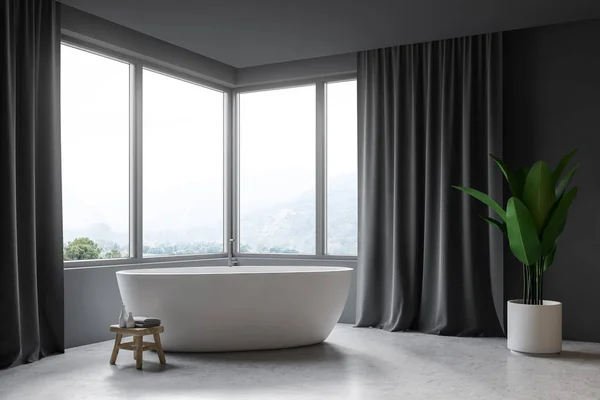 Modern Bathroom Corner Gray Walls Concrete Floor Window Gray Curtains — Stock Photo, Image