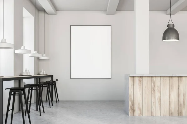 Interior Cafetería Moderna Con Paredes Blancas Suelo Gris Mesas Estrechas —  Fotos de Stock