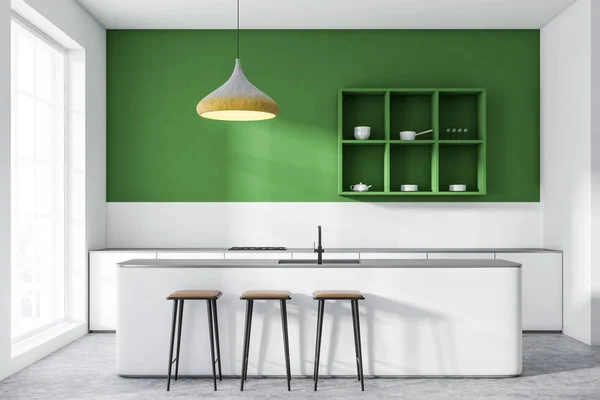 Innenraum Der Modernen Küche Mit Grünen Wänden Betonboden Ablagen Für — Stockfoto