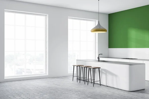 Hoek Van Loft Keuken Met Groene Witte Muren Witte Countertops — Stockfoto