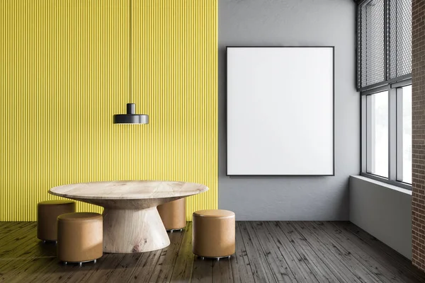 Interior of dining room with gray and yellow walls, wooden floor and round table with beige round chairs standing around it. Vertical mock up poster frame. 3d rendering.