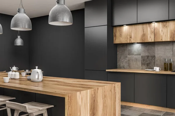 Ecke Der Modernen Küche Mit Grauen Wänden Gefliestem Boden Grauen — Stockfoto