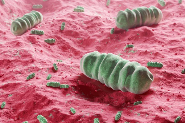 Três Grandes Micróbios Verdes Sobre Fundo Vermelho Conceito Contaminação Doença — Fotografia de Stock