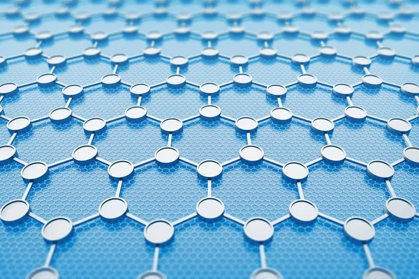 Crystal grid of graphene over blue background. Concept of nanotechnology, science and future. 3d rendering