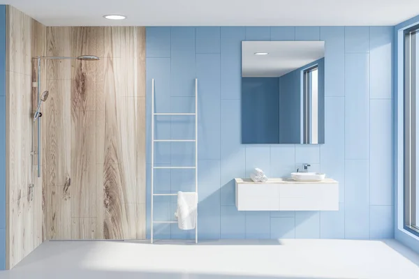 Interior Baño Moderno Con Paredes Azules Suelo Blanco Lavabo Con — Foto de Stock