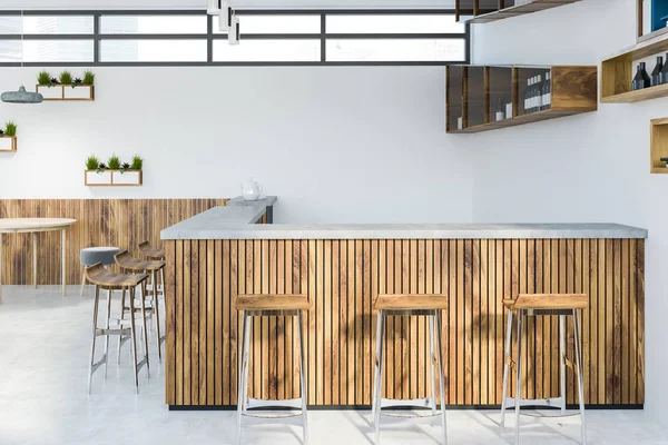 Interior of bar with white walls, gray floor, wooden bar and rows of stools. Bottles on the shelves. 3d rendering