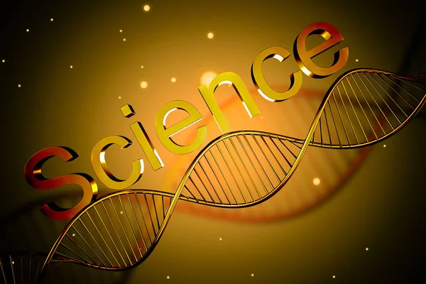 Diagonal yellow dna helix over yellow background with blurred dna helix with yellow word science written above it. Concept of biotechnology. 3d rendering
