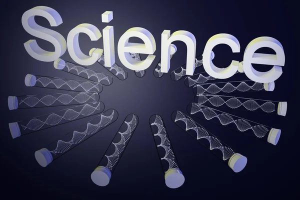 Circle of test tubes with dna helices lying on dark blue horizontal surface with white word science written above them. Concept of biotechnology. 3d rendering