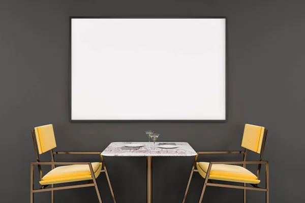 White restaurant table with two yellow charis standing in room with gray walls. Horizontal mock up poster. Concept of small business. 3d rendering