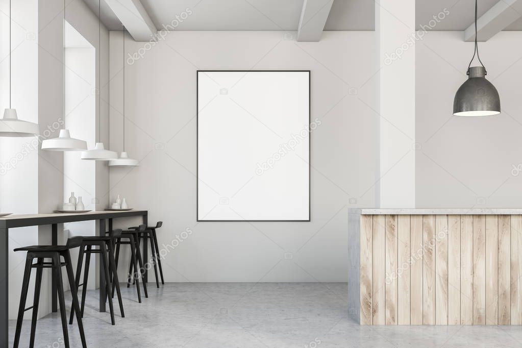 Interior of modern cafe with white walls, gray floor and narrow tables with stools near the window. 3d rendering vertical mock up poster frame