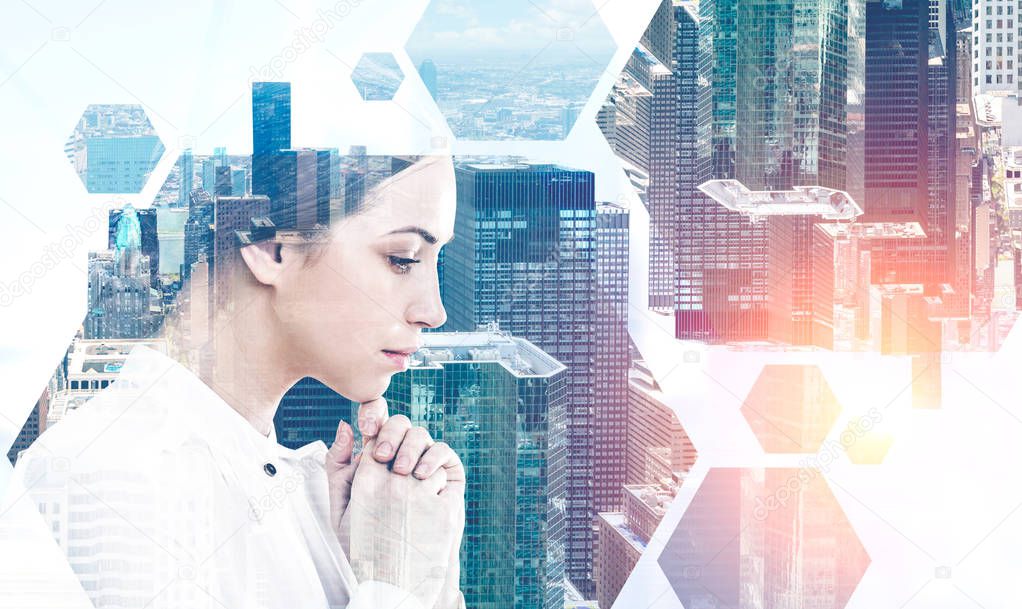 Portrait of young businesswoman with dark hair wearing white blouse thinking over cityscape background with hexagonal pattern foreground. Toned image double exposure