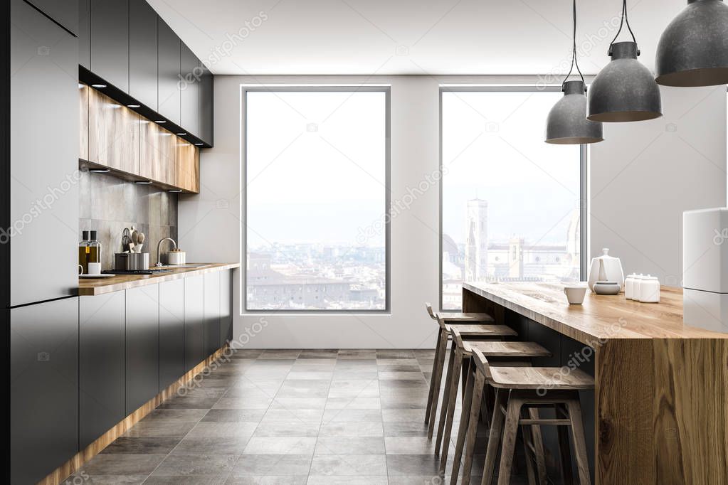 Interior of loft kitchen with tiled floor, gray countertops and long bar with wooden stools. Window with european city scenery. 3d rendering