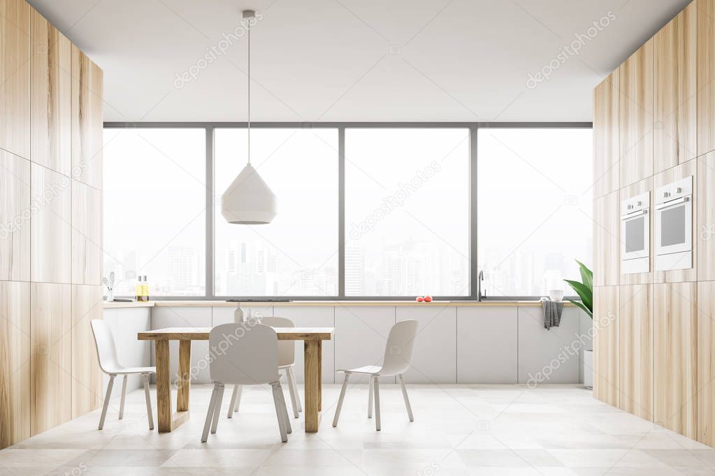 Panoramic kitchen interior with tiled floor, white countertops, square table with white chairs and built in ovens. 3d rendering