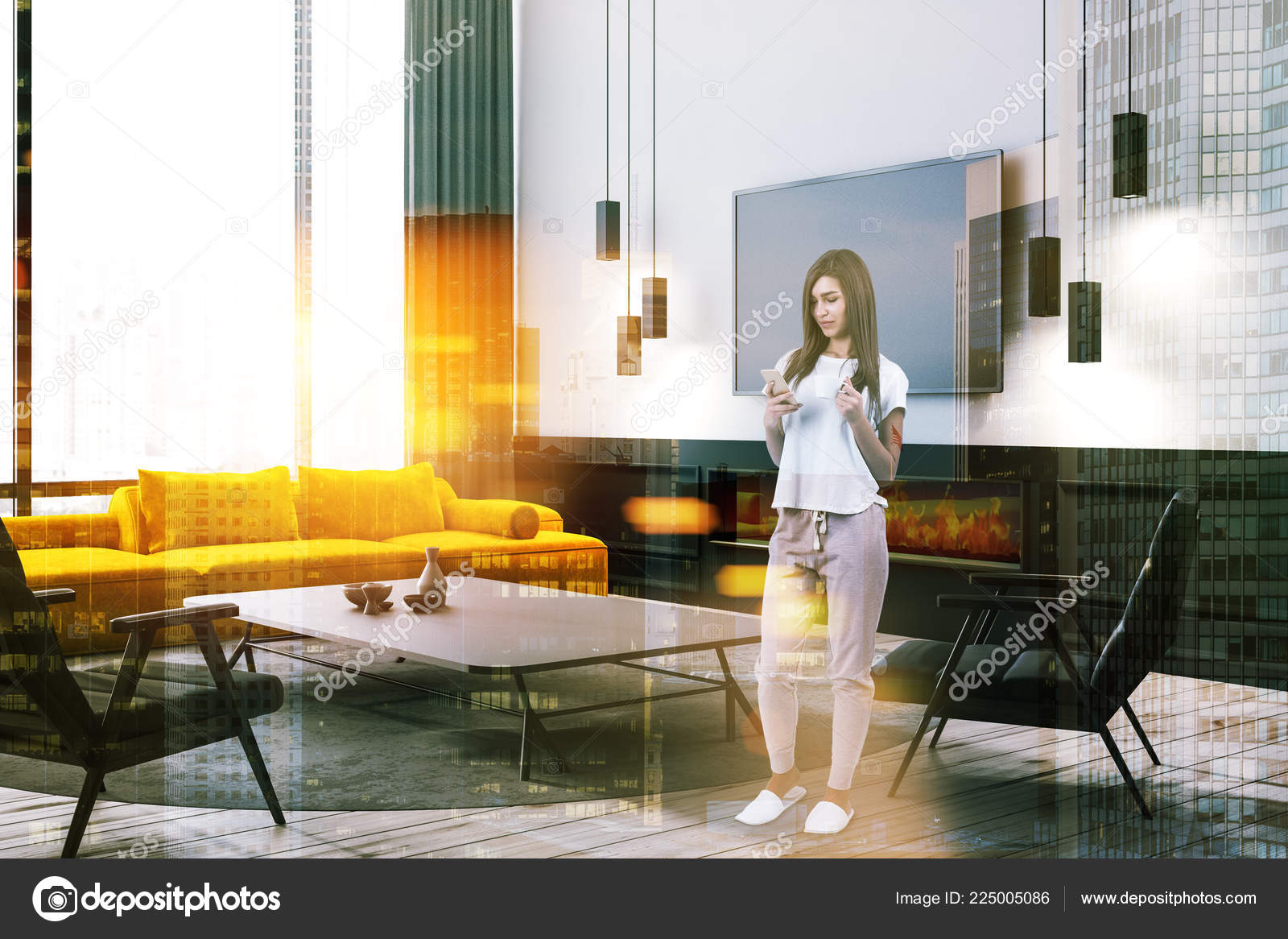 Woman Modern Living Room Corner White Walls Wooden Floor