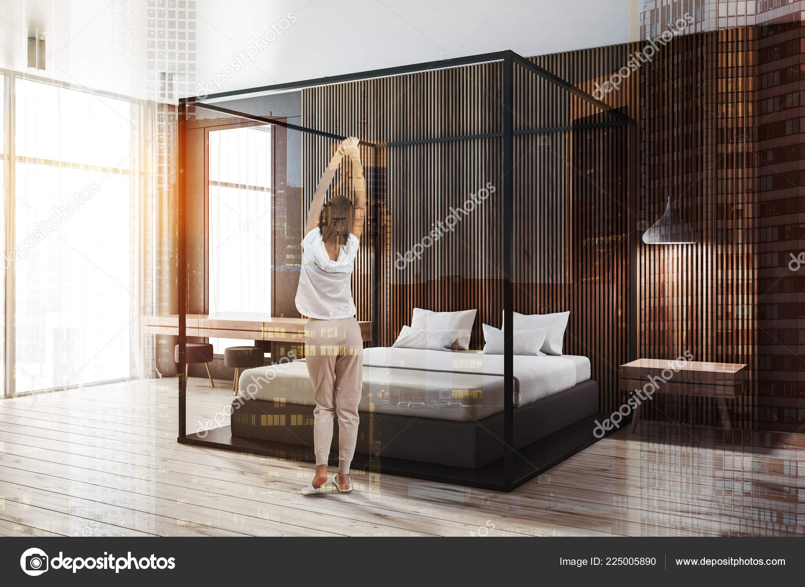 Woman Corner Modern Bedroom Dark Wooden Walls Wooden Floor
