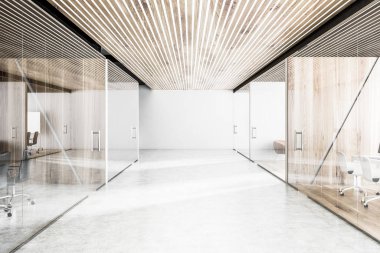 Modern şirket ofisi beton zemin, beyaz ve ahşap duvarlar ve ahşap tavan ile lobi. Cam ofis kapı. 3D render