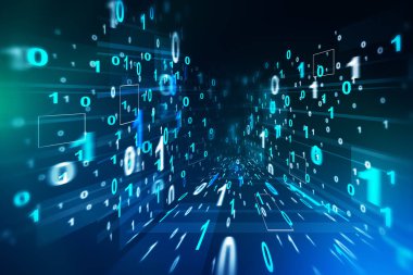 Beyaz ve mavi ikili sayılar koyu mavi arka plan üzerinde fütüristik sürükleyici arabirimi. Kavramı Merhaba teknik 3d render