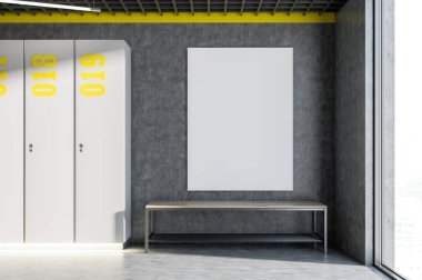 Çatı penceresi, beton duvarlar, gri kasa ve dikey sahte bir Bank üzerinde asılı poster kadar soyunma odası iç. 3D render