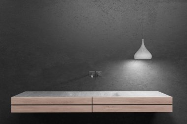 Siyah duvar ve şık tavan lambası ile odada ahşap tezgah üzerinde duran beyaz çift banyo lavabo kapatın. 3D render