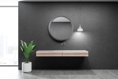 Siyah duvarlar, beton zemin, çatı penceresi ve yuvarlak ayna üstünde asılı ile ahşap tezgah üzerinde duran çift lavabo banyo iç. 3D render