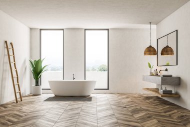 Beyaz duvarları, ahşap zemin, çatı windows, beyaz küvet ve mermer çift lavabo ile modern banyo iç. 3D render